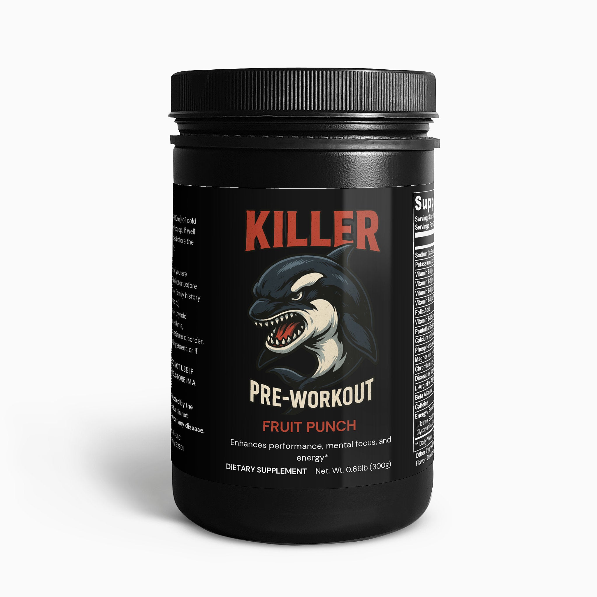Black pre-workout supplement container with Killer branding on a white background