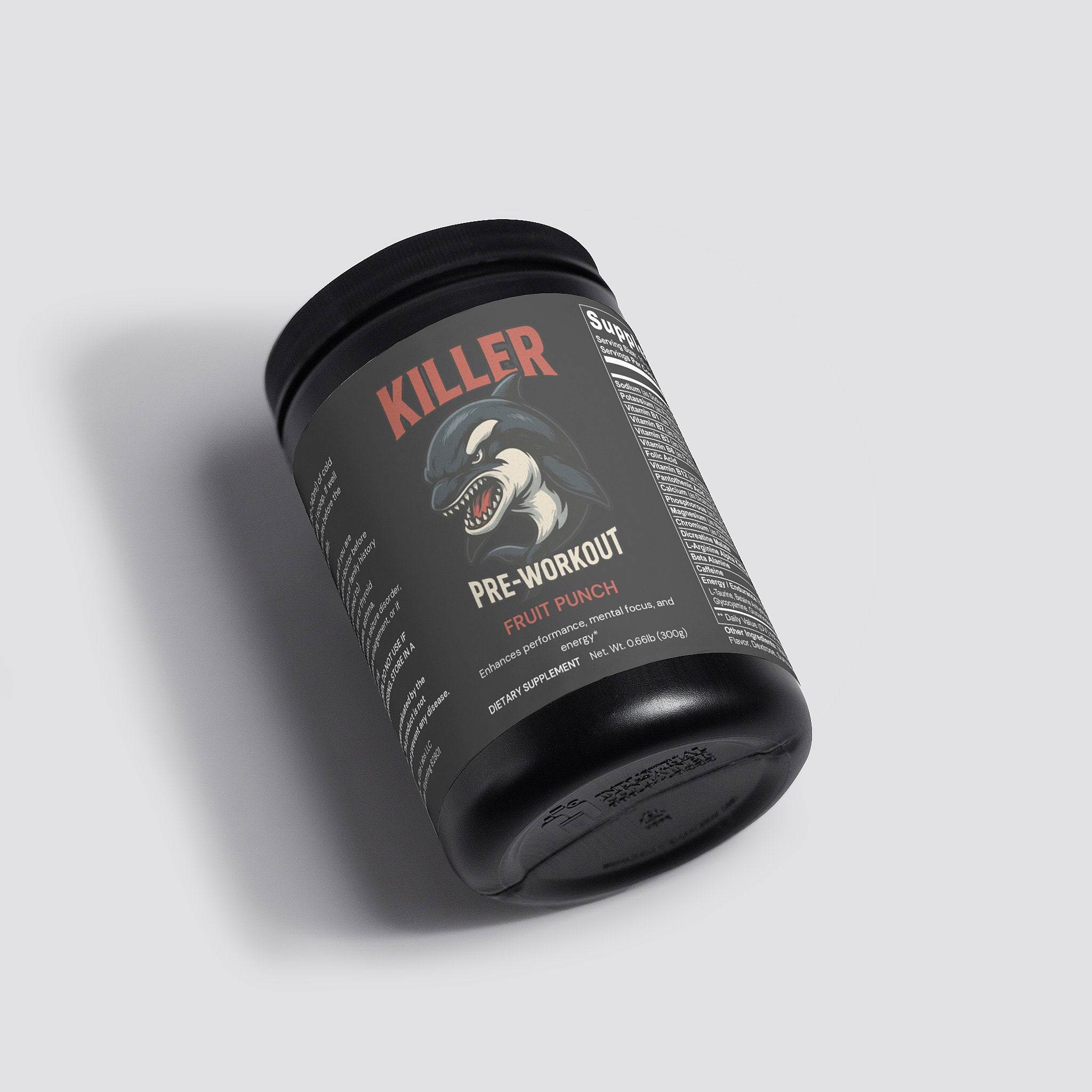 Black container of 'Killer' pre-workout supplement with fruit punch flavor on a light gray background
