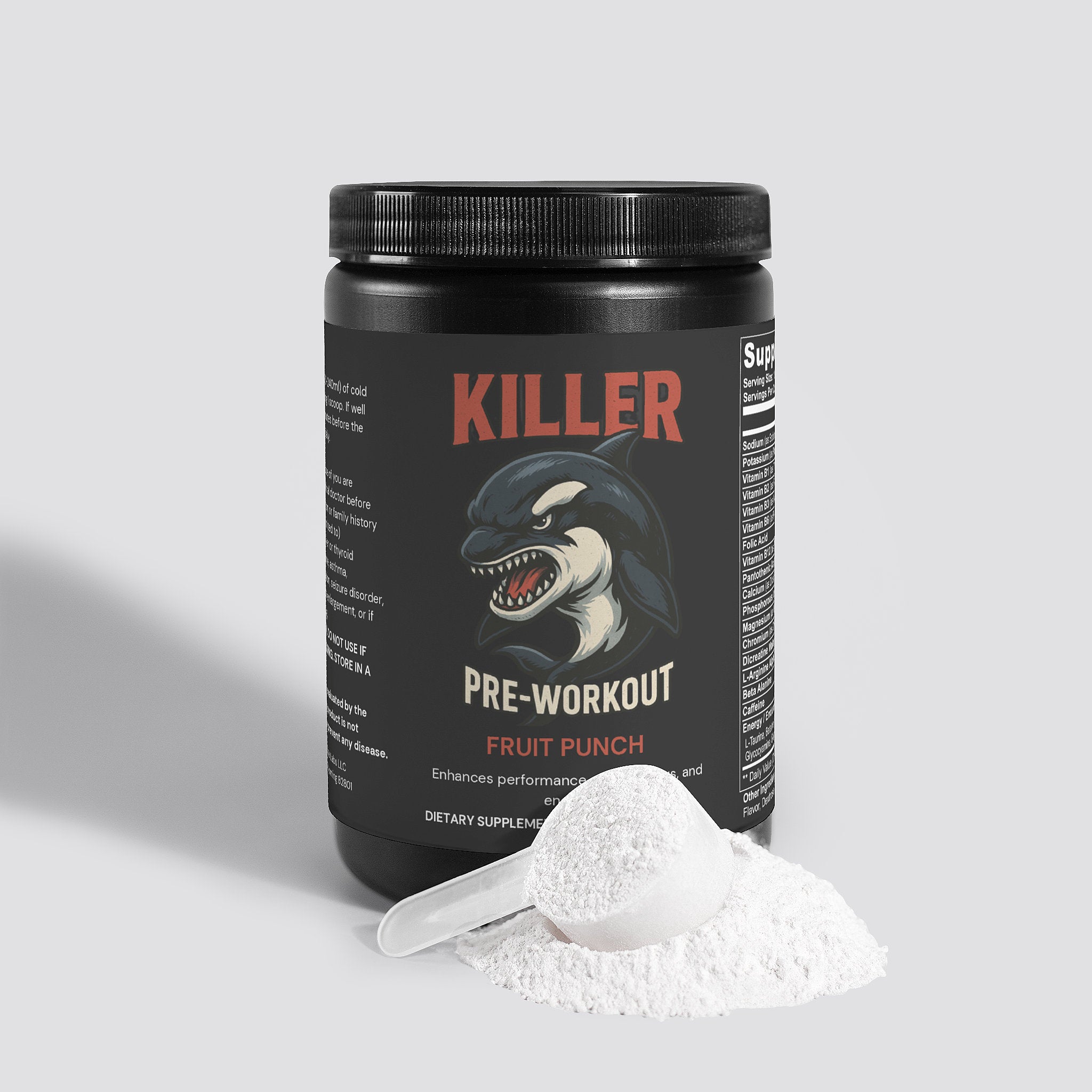 Pre-workout supplement container with scoop of powder on a light gray background