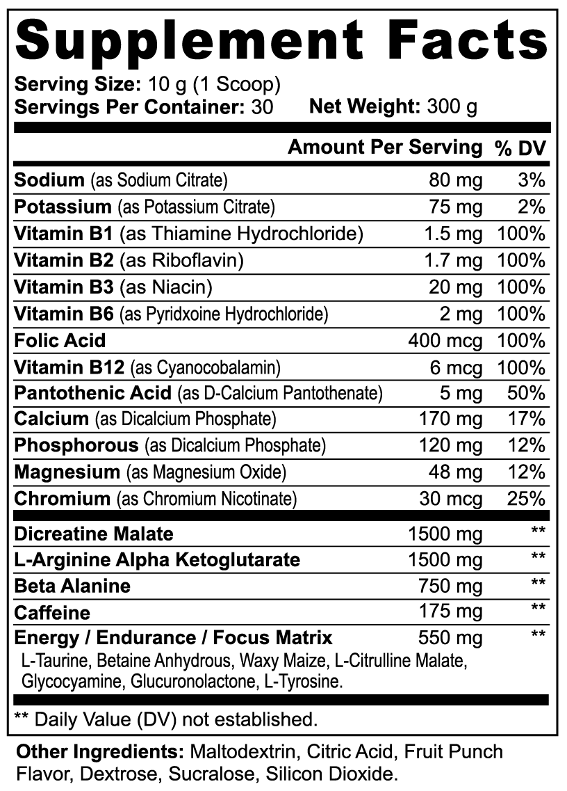 Supplement facts label with detailed nutritional information on a white background